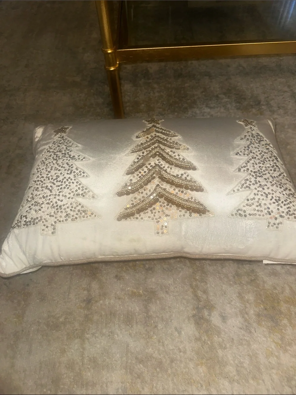 Christmas Holiday Sequin Tree Decorative Pillow - Cream and Gold